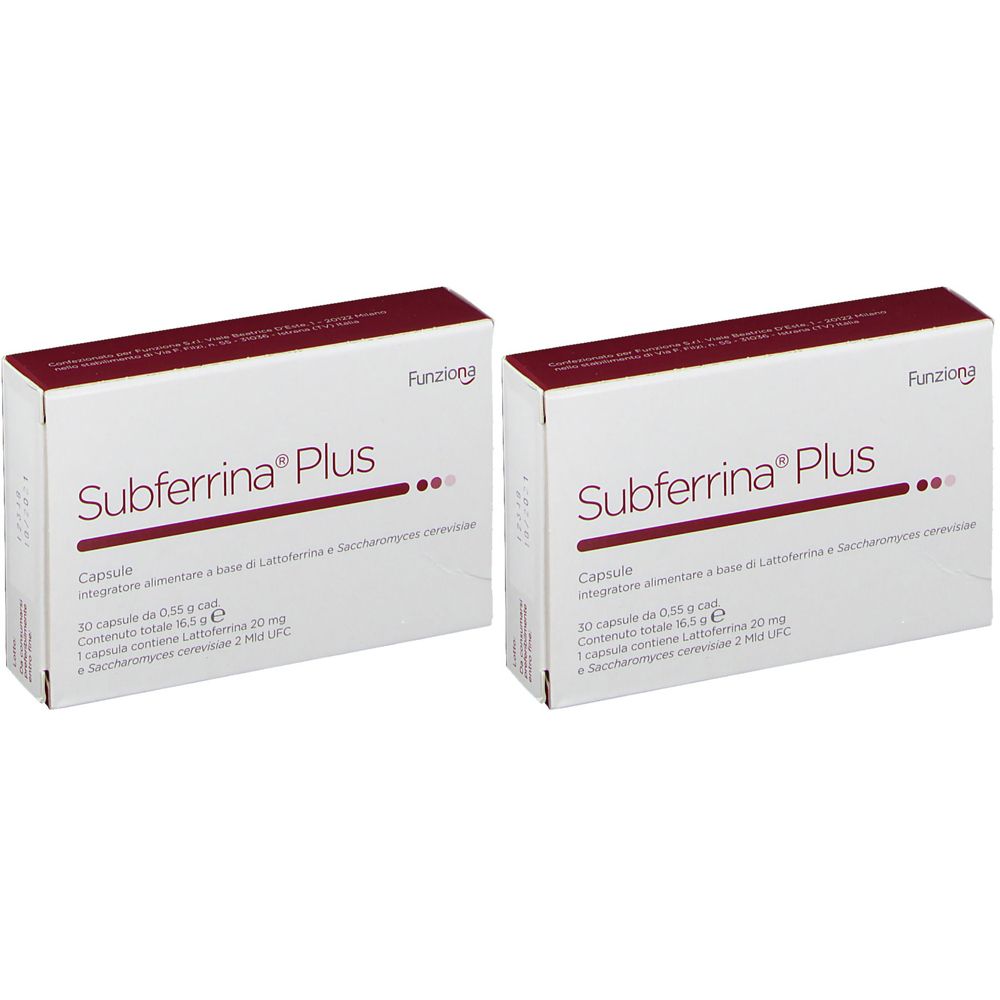 Due scatole bianche con scritte rosse. Scritta: Subferrina Plus. Capsule. 30 capsule.