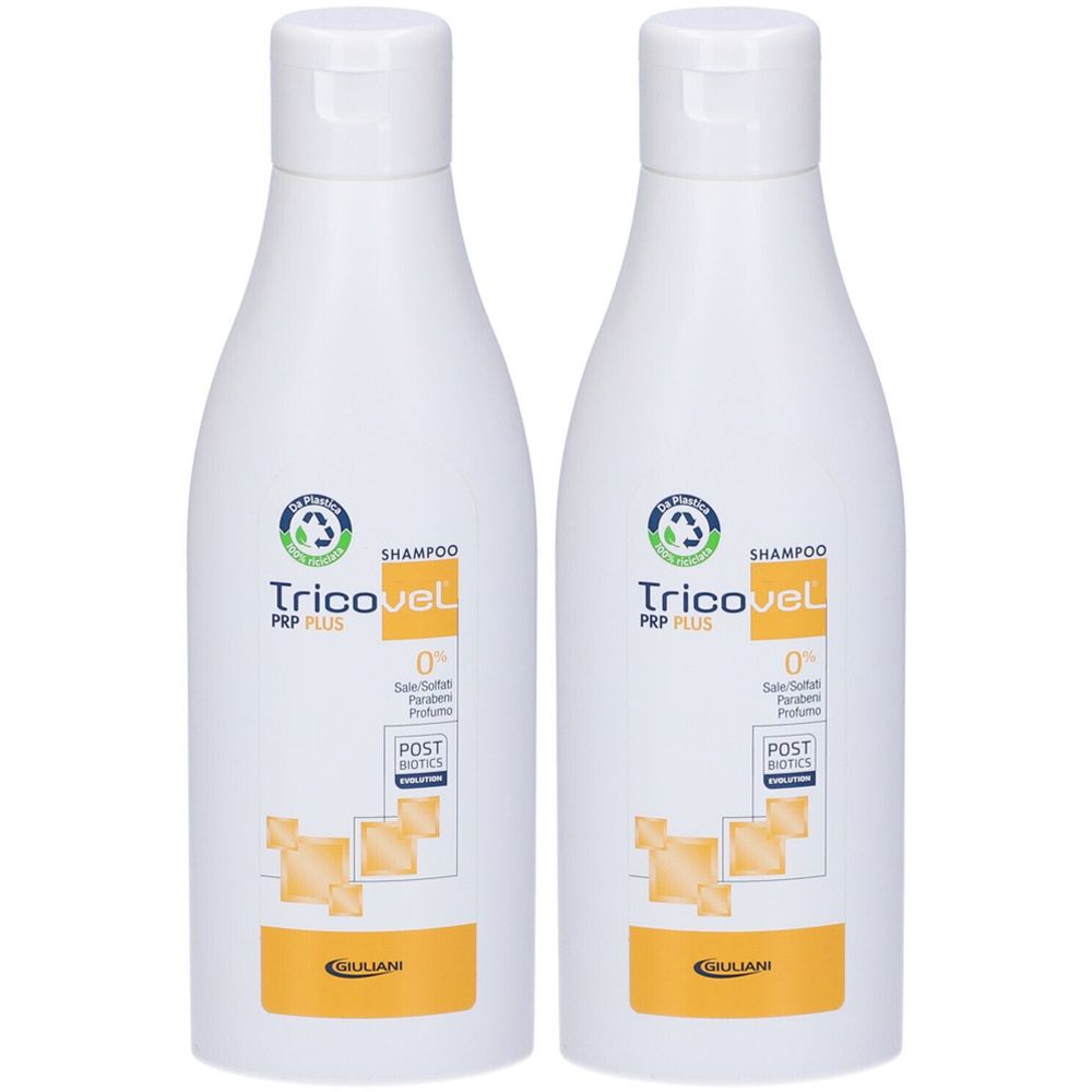Due flaconi bianchi di shampoo Tricovel PRP PLUS. Con simbolo di riciclo verde ed etichetta gialla.