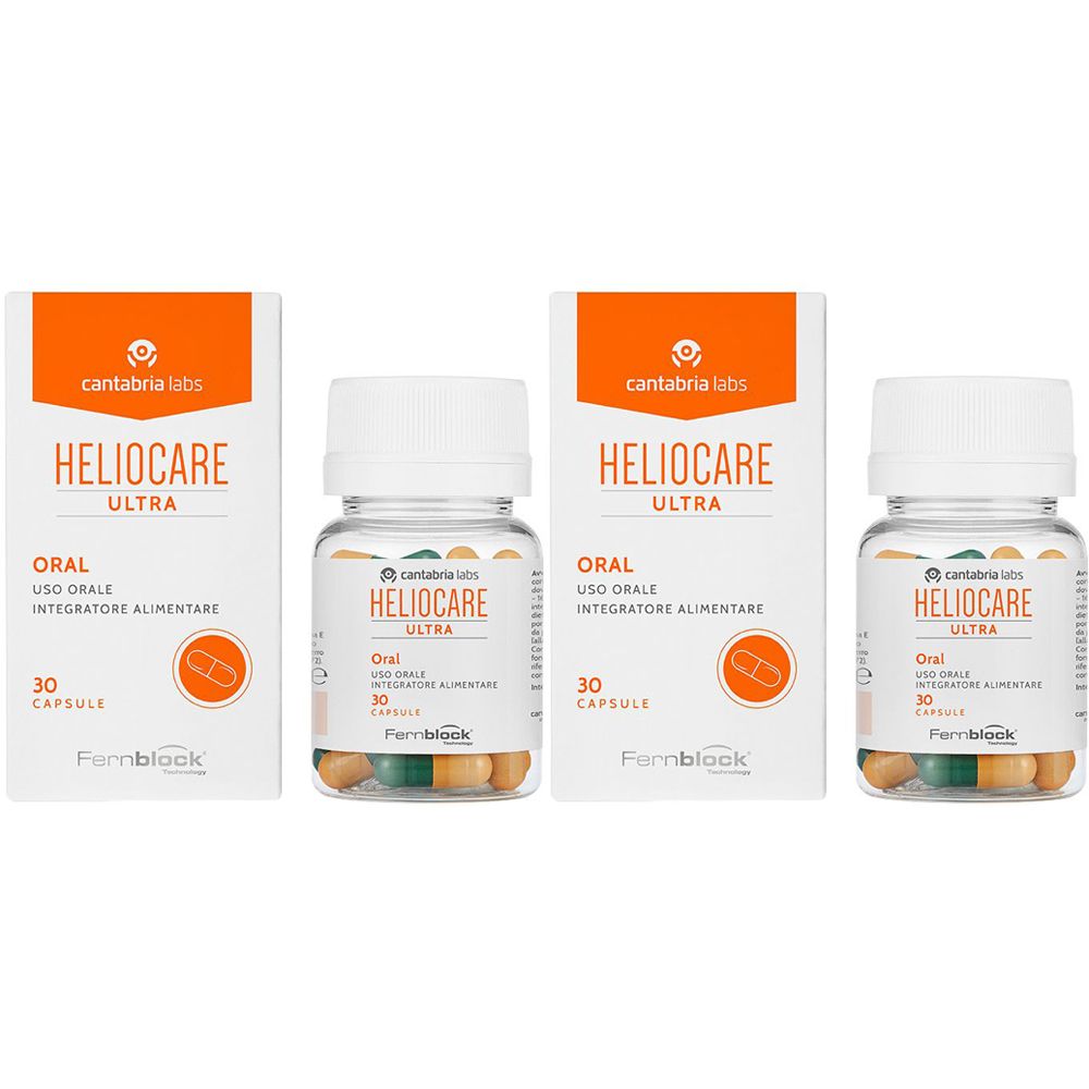 Due confezioni e due flaconi di capsule. Sulle confezioni è scritto "HELIOCARE ULTRA".