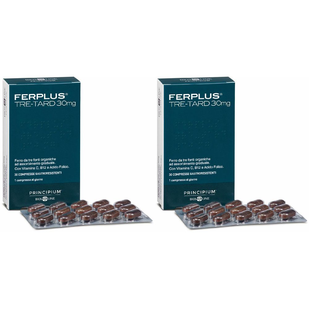 Due scatole e blister di compresse. Sulle scatole si legge "FERPLUS TRE-TARD 30mg". Le compresse sono marroni.