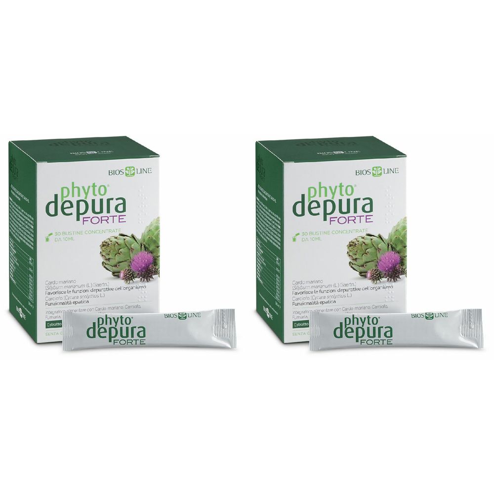 Due scatole verdi e due bustine con la scritta "phyto depura FORTE". Illustrazione di carciofo e cardo.