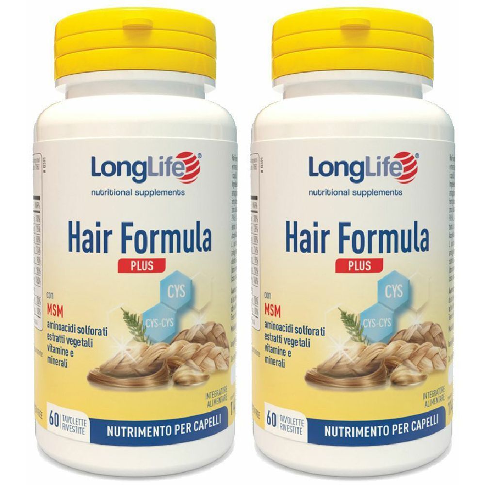 Due flaconi bianchi con tappi gialli. Scritta: LongLife Hair Formula Plus. Contiene 60 compresse. Testo: Nutrizione per capelli.