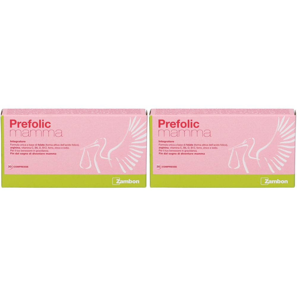 Due scatole rosa "Prefolic mamma". Immagini: cicogna, marchio Zambon.