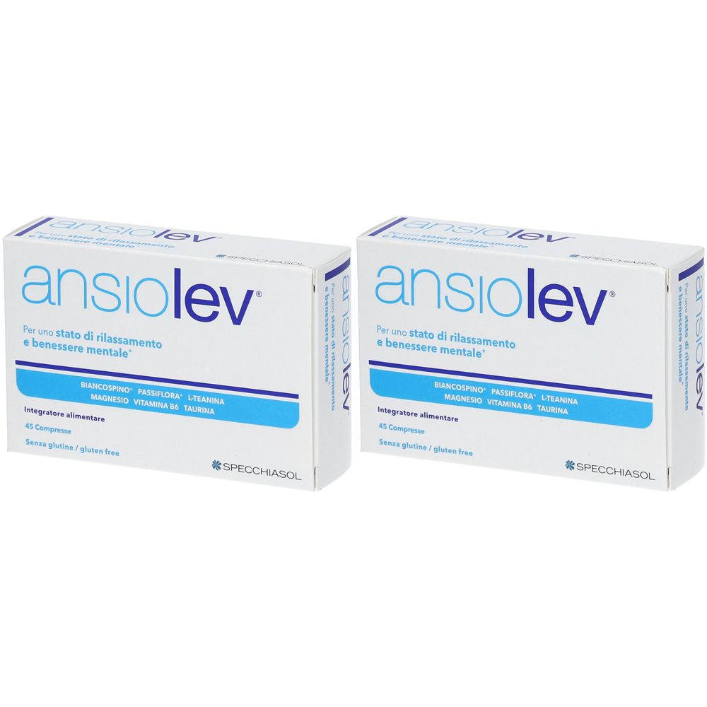 Due scatole bianche con testo blu. Scritta: ansiolev. Contiene 45 compresse. Marchio: SPECCHIASOL.