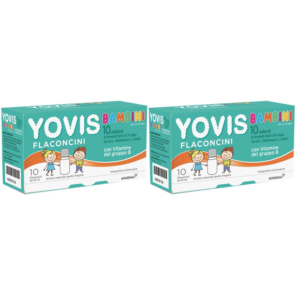 Due confezioni "YOVIS Bambini Flaconcini". Ogni confezione contiene 10 flaconcini con vitamina B. Illustrazione bambini.