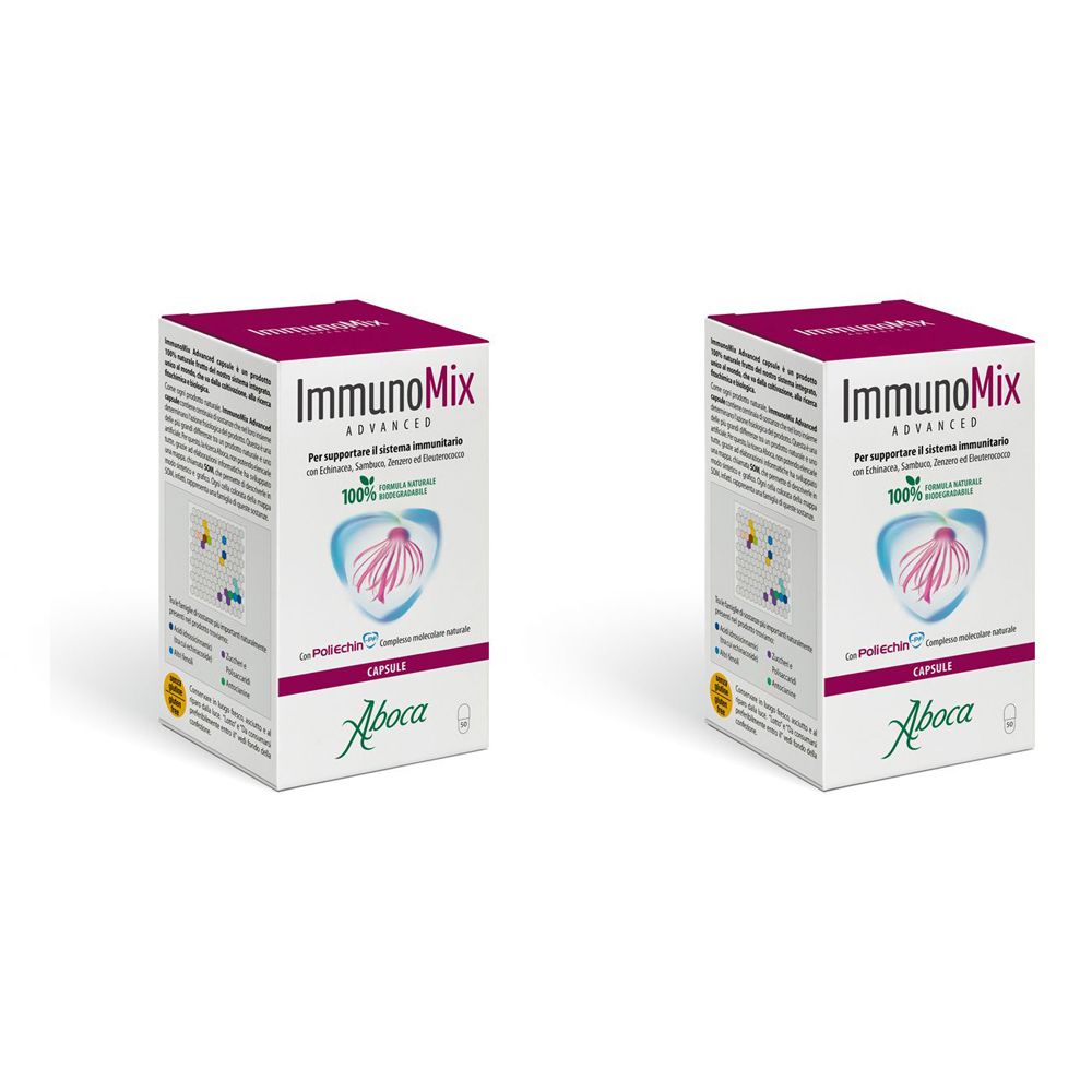 Due scatole rettangolari ImmunoMix Advanced. Marchio Aboca. Scritte: 100% naturale, capsule.