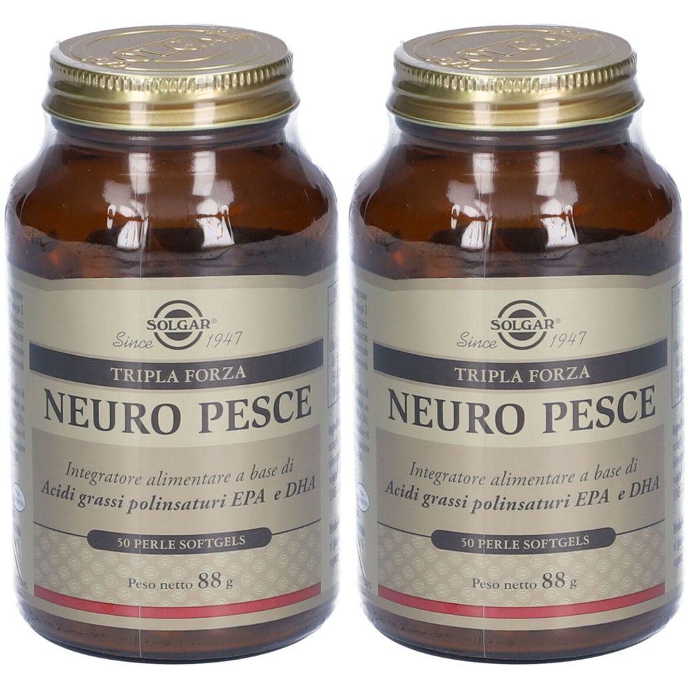Due bottiglie di vetro marrone con coperchi dorati. Scritta: SOLGAR Neuro Pesce, Tripla Forza. Contiene 50 softgels. Peso netto 88g.