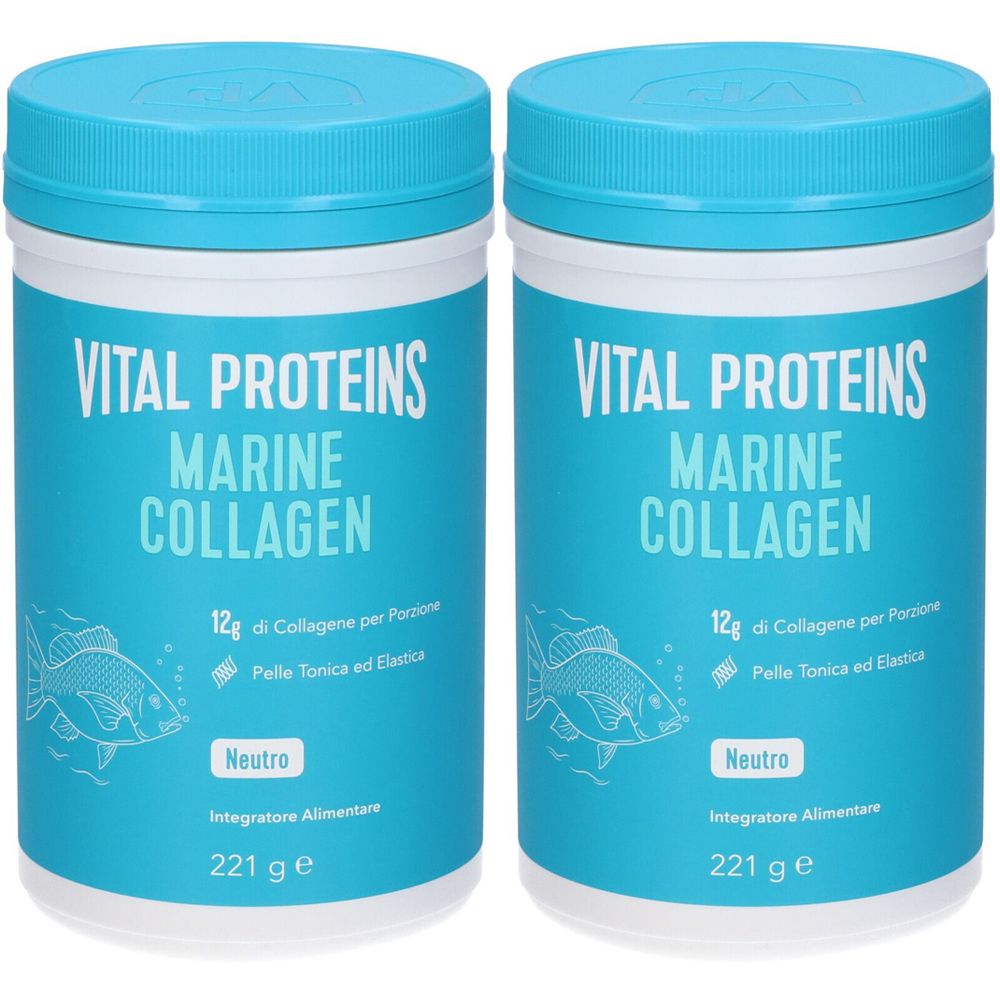 Due barattoli di Vital Proteins Marine Collagen. Coperchi ed etichette blu, testo bianco. Illustrazione di pesce. Neutro, 221 g.