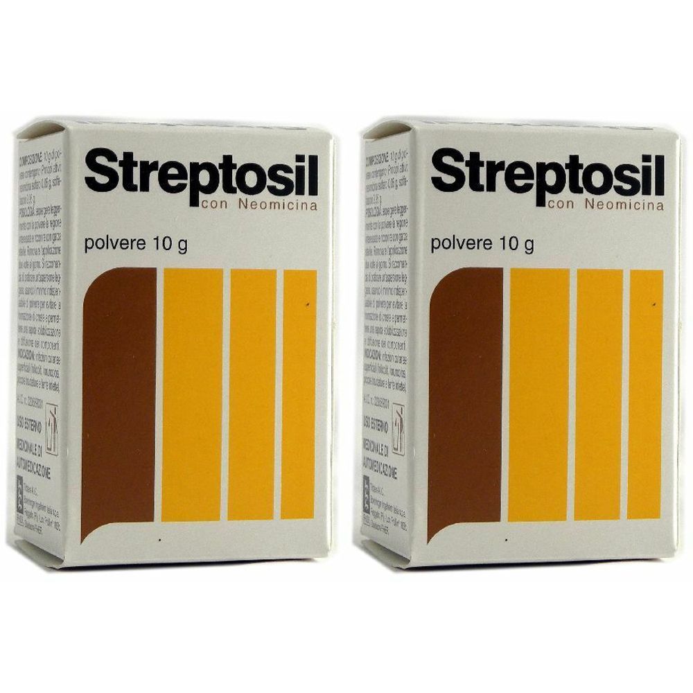 Due scatole di Streptosil, polvere 10 g. Confezione bianca con strisce marroni e gialle. Testo: Streptosil con Neomicina.