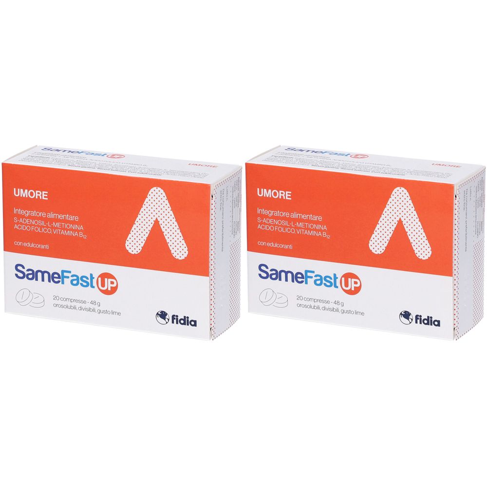 Due scatole bianche con design arancione. Scritta SameFast UP e logo. Scritta Umore.