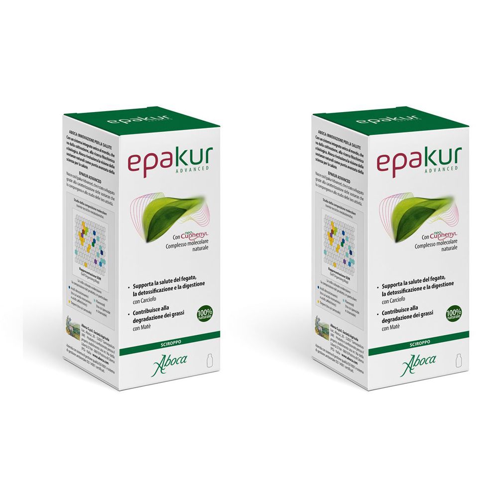 Due scatole rettangolari con la scritta "epakur advanced". Confezione verde e bianca con informazioni sul prodotto e logo.