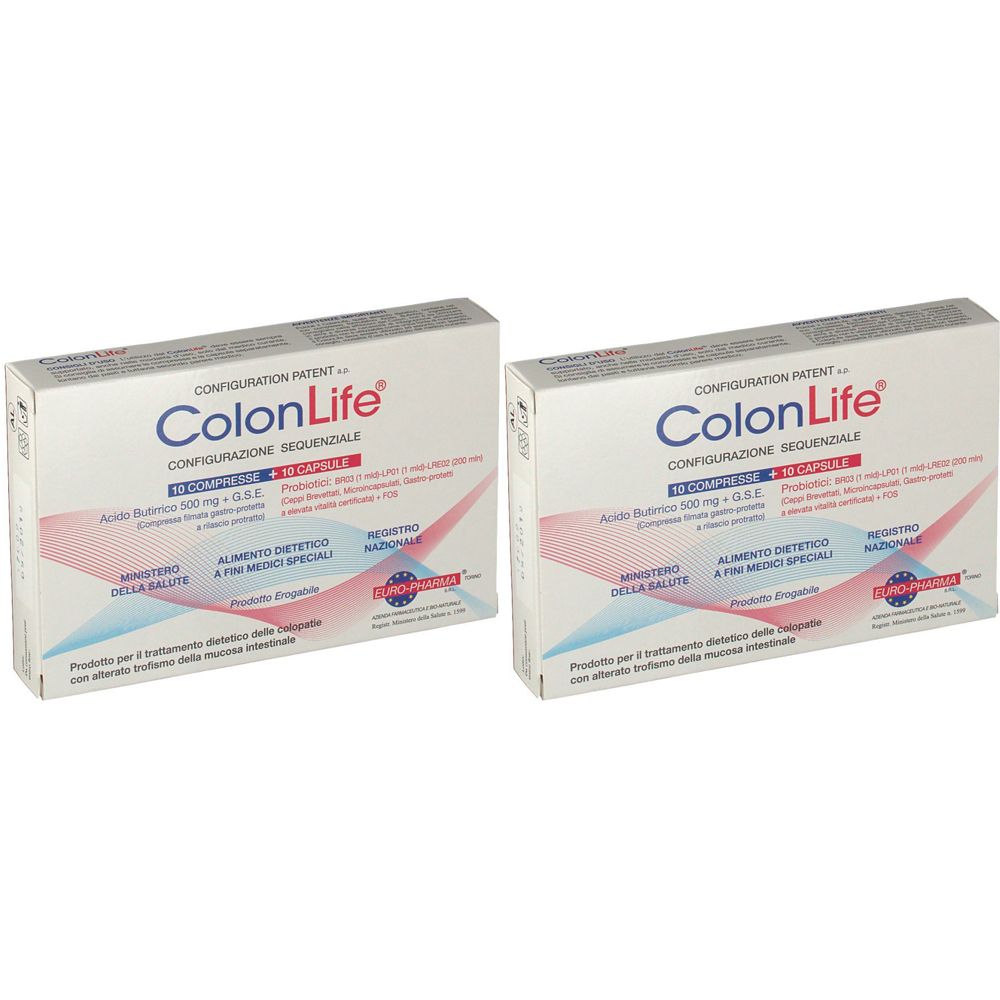 Due scatole bianche ColonLife. Scritte blu e rosse. Testo in italiano.