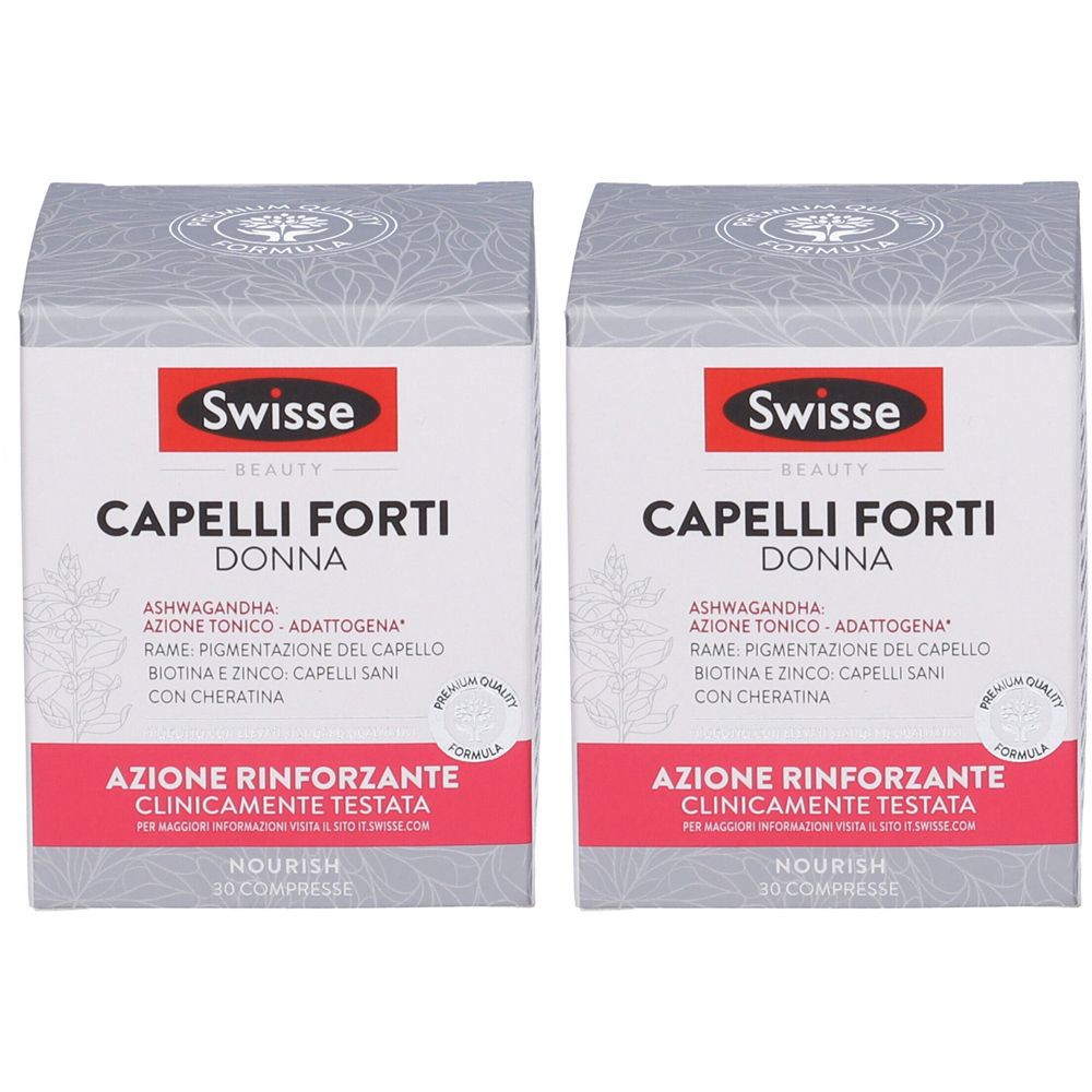 Due confezioni "Swisse Beauty Capelli Forti Donna". Scritte rosse e bianche su sfondo grigio. Scritta "Azione Rinforzante".