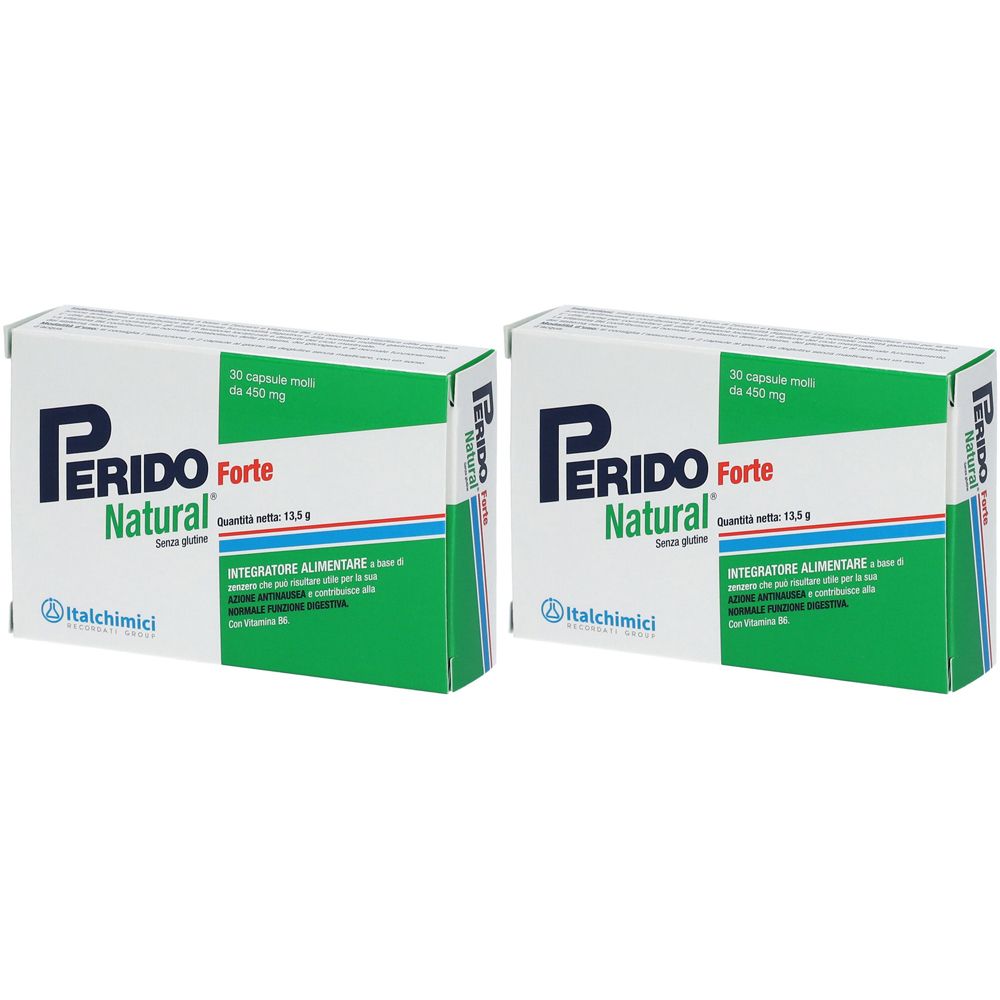 Due scatole "Perido Natural Forte". Confezione verde e bianca con informazioni sul prodotto e logo.