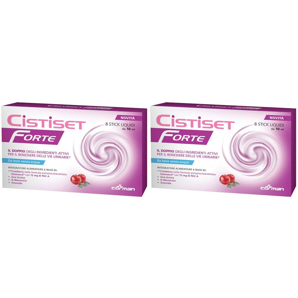 Due confezioni di Cistiset Forte. Confezione viola con motivo a spirale bianco e nome del prodotto. Contiene 8 stick liquidi.