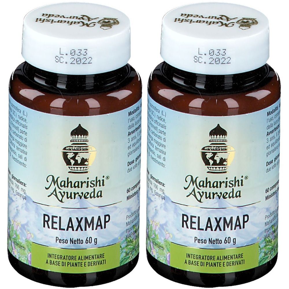 Due flaconi marroni con tappi bianchi. Scritta: Maharishi Ayurveda Relaxmap. Peso netto 60 g. Scadenza 2022.
