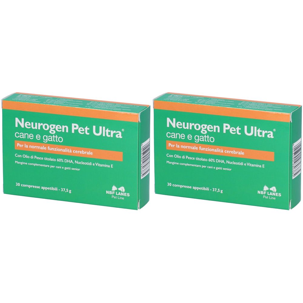 Due scatole verdi "Neurogen Pet Ultra" per cani e gatti. Testo in italiano. Marchio NBF LANES.