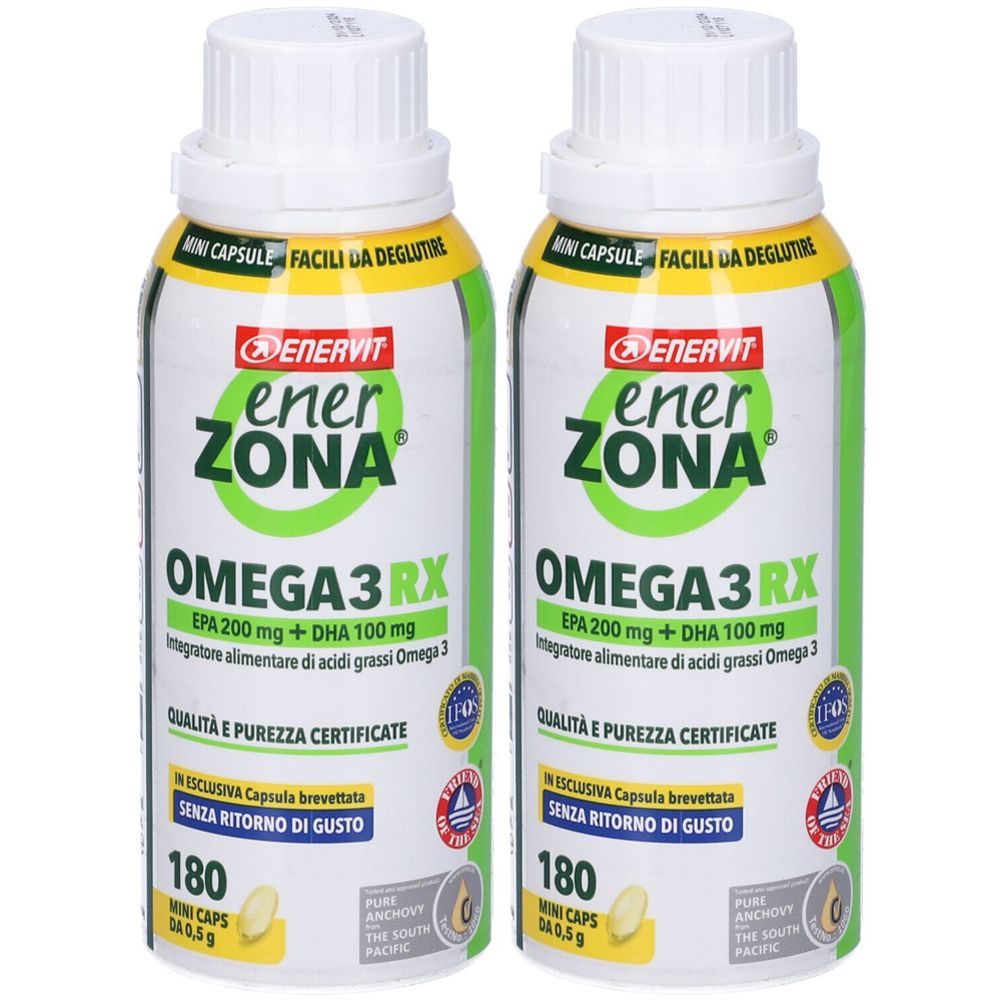 Due flaconi di capsule Omega 3. Scritta: EnerZona Omega 3 RX. Contiene 180 mini capsule. Qualità e purezza certificate.