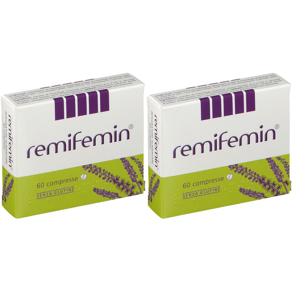 Due scatole di "remifemin". Ogni scatola contiene 60 compresse. Accenti viola e verdi.