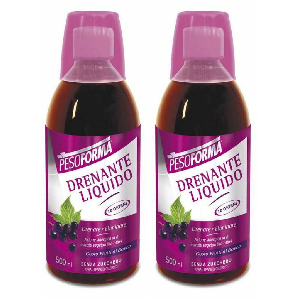 Due bottiglie PESOFORMA Drenante Liquido. Etichetta viola con testo e frutta. Con tappo dosatore.
