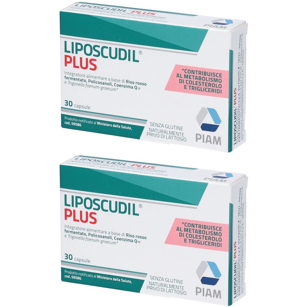 Due scatole di LIPOSCUDIL PLUS. Ogni scatola contiene 30 capsule. Scritto: Senza glutine, naturalmente privo di lattosio.