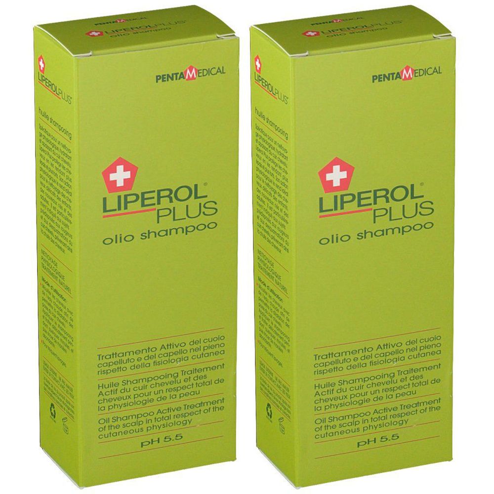 Due scatole verdi con scritta « LIPEROL PLUS olio shampoo ». Testo multilingue. Logo con croce.