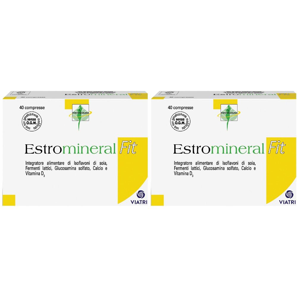 Due confezioni di Estromineral Fit. Scritta: 40 compresse. Contiene isoflavoni di soia, fermenti lattici, glucosamina, calcio e vitamina D.