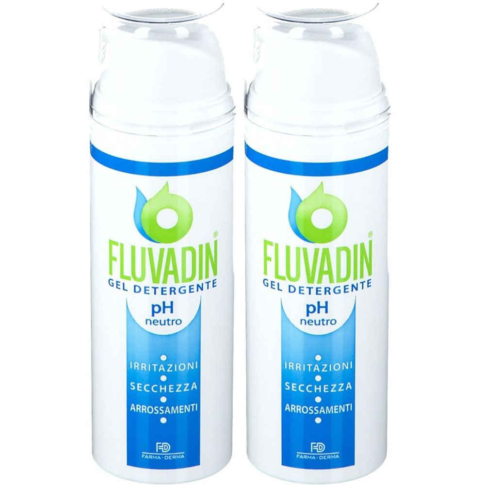 Due flaconi bianchi con etichetta blu-verde. Scritta: Fluvadin Gel Detergente pH neutro. Contro irritazioni, secchezza e arrossamenti.