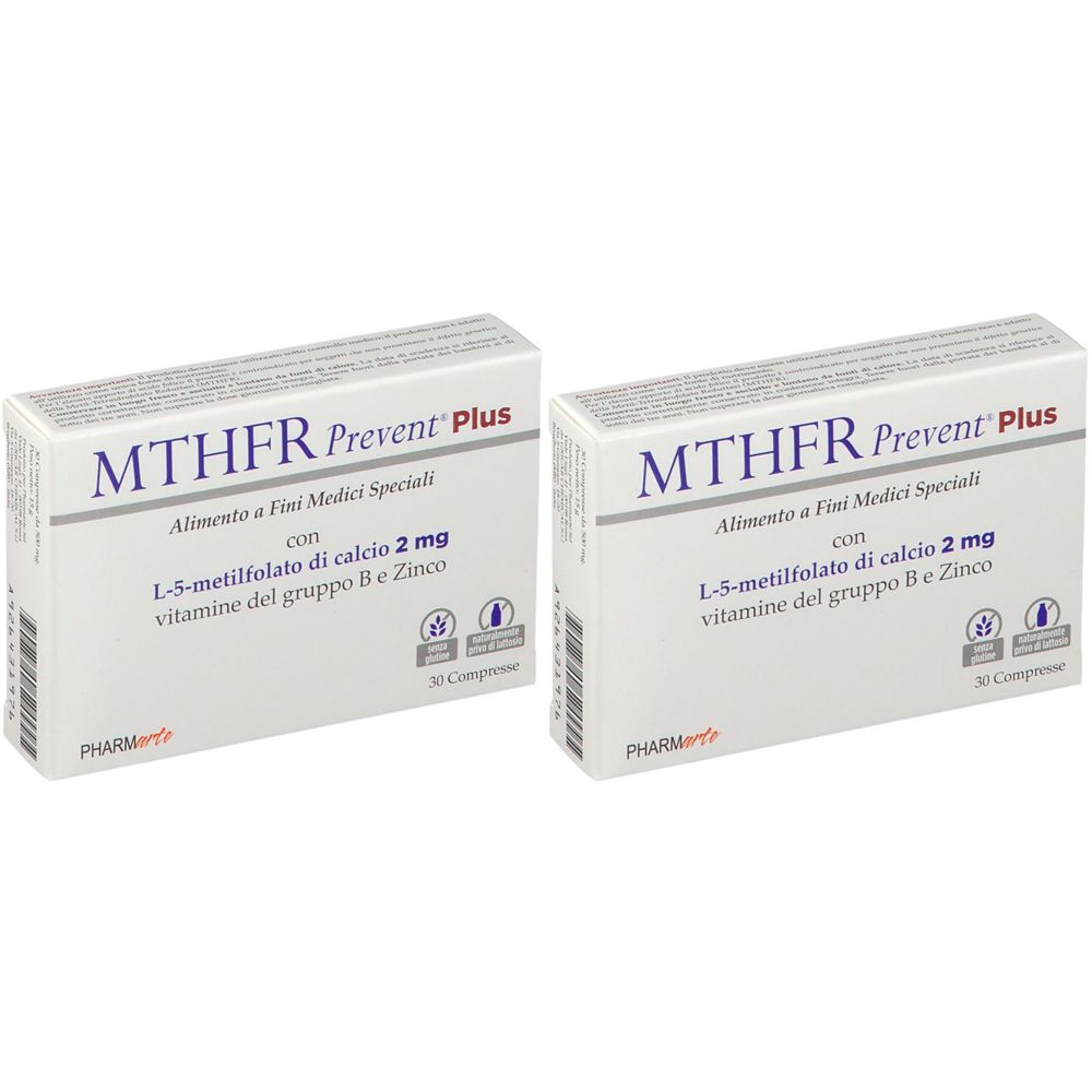 Due confezioni di "MTHFR Prevent Plus". Scritto "Alimento a Fini Medici Speciali" su ogni scatola.