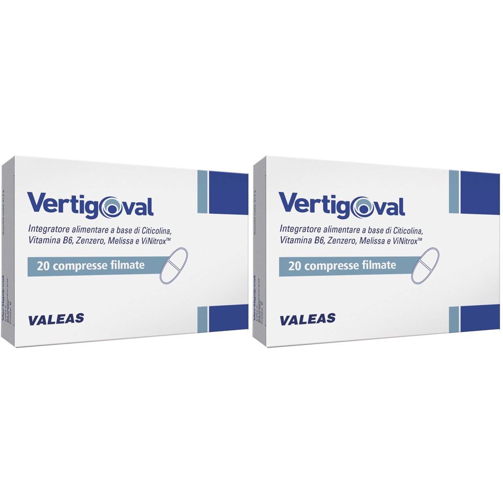Due scatole di Vertigoval. Scritta: 20 compresse rivestite. Marchio Valeas. Confezione blu e bianca.