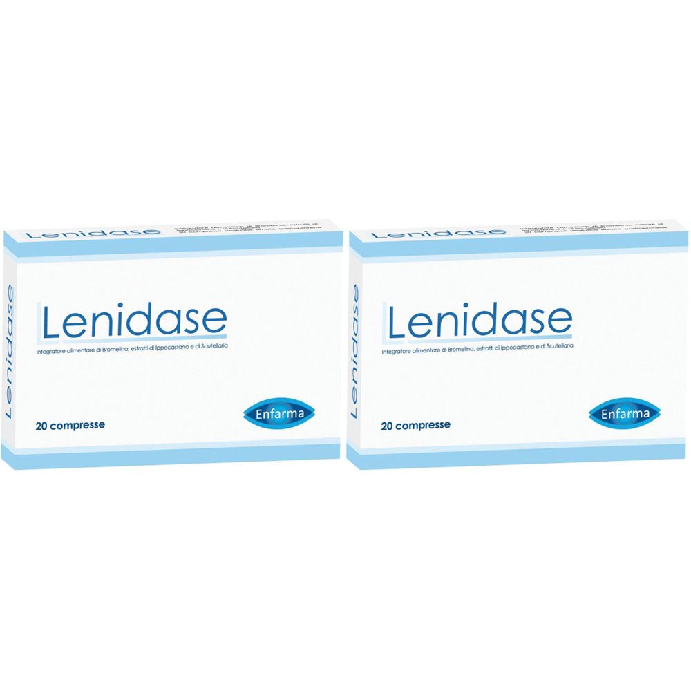 Due scatole di "Lenidase". Confezione blu e bianca. Scritta "20 compresse" e logo "Enfarma".