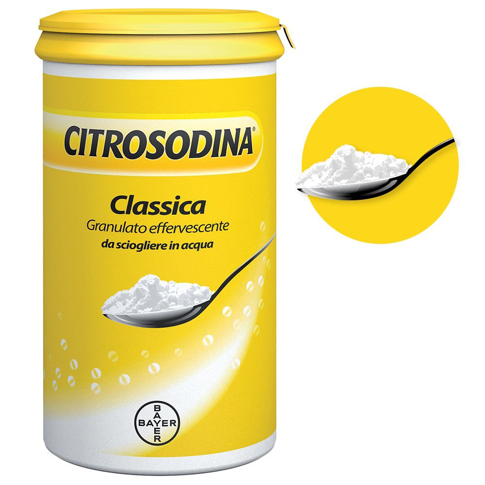 Barattolo giallo Citrosodina Classica Granulato Effervescente. Cucchiaio con granulato. Logo Bayer.