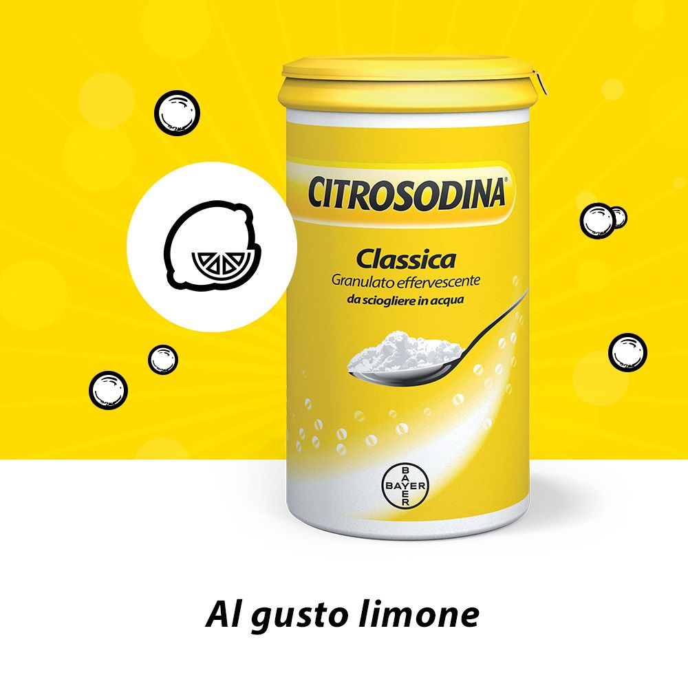 Barattolo giallo Citrosodina Classica. Simbolo limone. Testo: Al gusto limone.