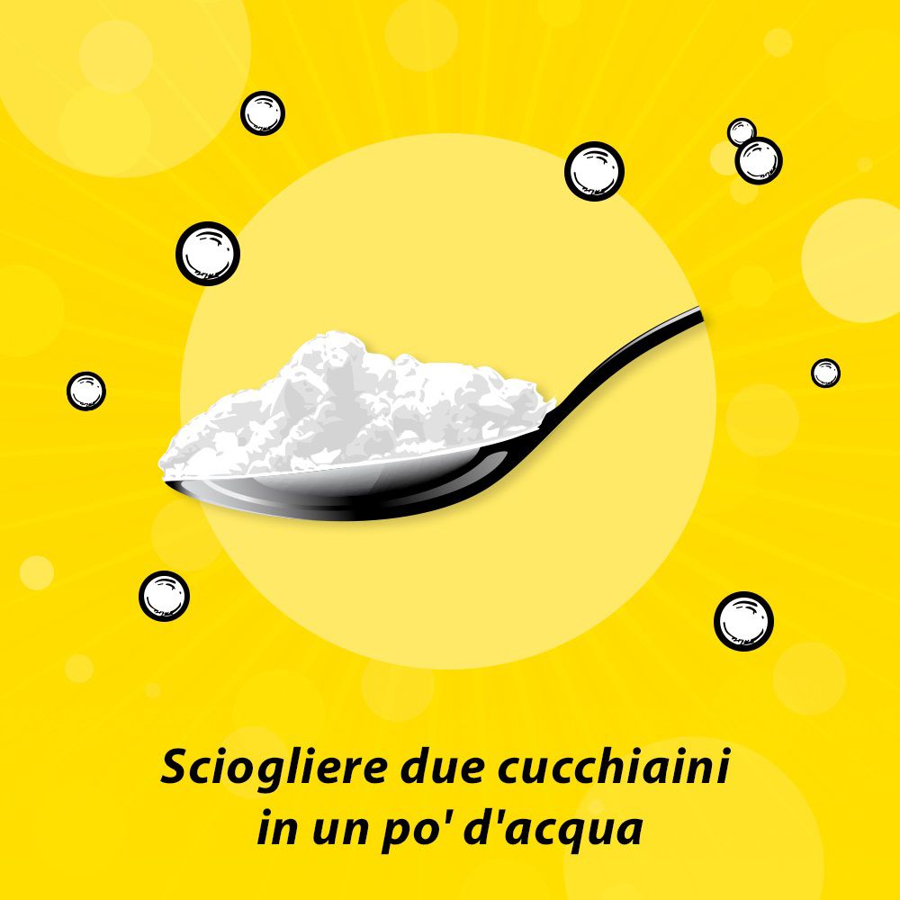 Cucchiaio con granulato su sfondo giallo. Testo: Sciogliere due cucchiaini in un po' d'acqua.