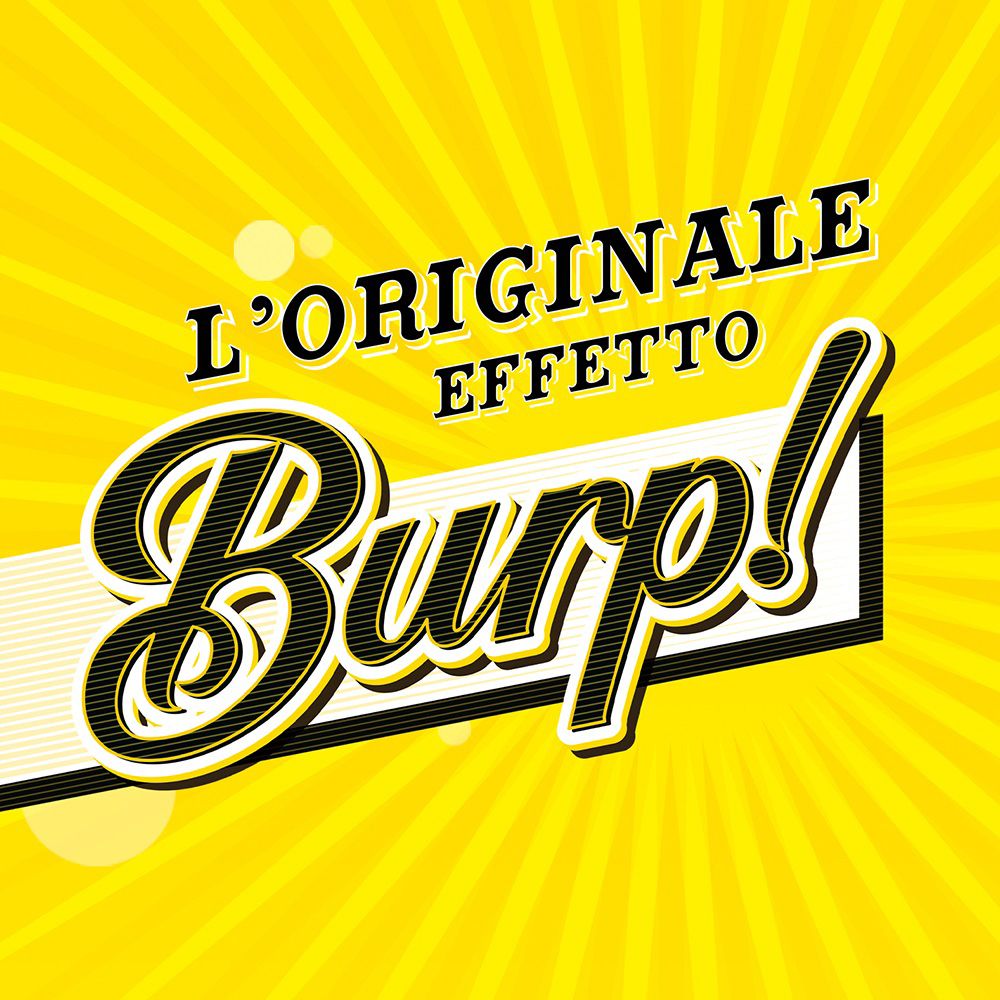 Sfondo giallo con testo: L'ORIGINALE EFFETTO Burp!