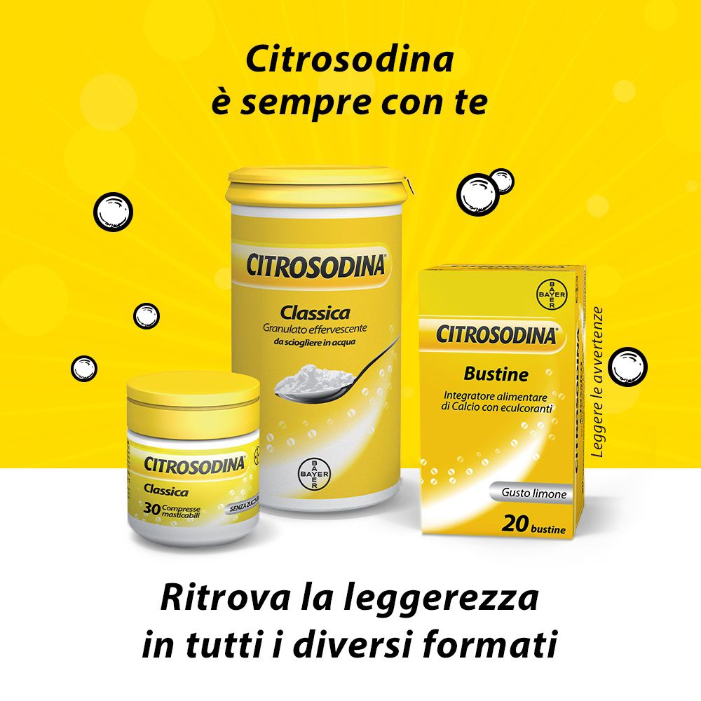Diversi prodotti Citrosodina. Testo: Citrosodina è sempre con te. Ritrova la leggerezza in tutti i diversi formati.