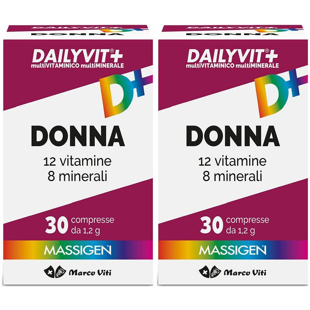 Due confezioni "DAILYVIT+ DONNA". Contiene 12 vitamine, 8 minerali e 30 compresse. Marchio MASSIGEN.