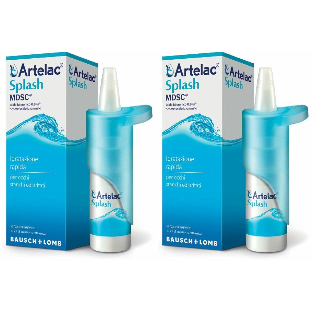 Due confezioni e flaconi Artelac Splash. Flaconi blu con applicatore bianco e confezione con logo e nome del prodotto.