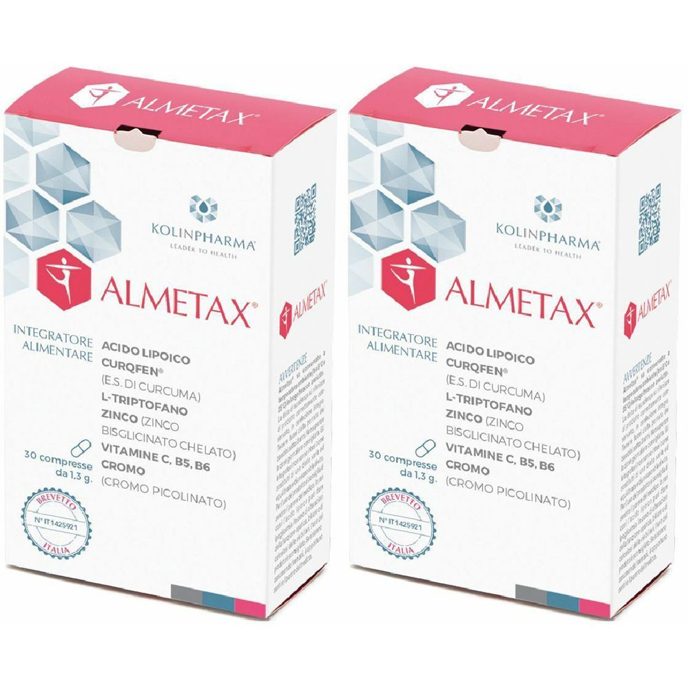 Due confezioni ALMETAX. Scritta: Integratore Alimentare, ingredienti. Logo: figura femminile stilizzata.