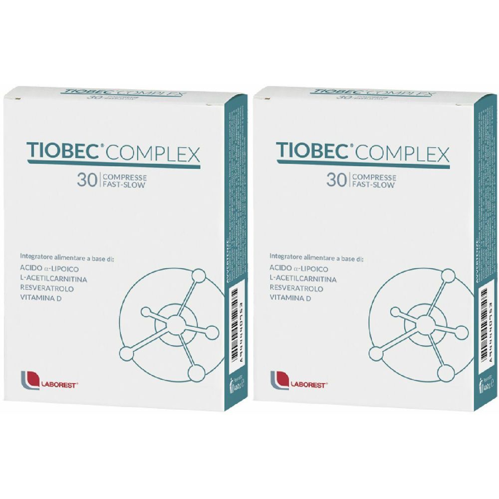 Due scatole bianche Tiobec Complex, 30 compresse. Logo LABOREST in basso.