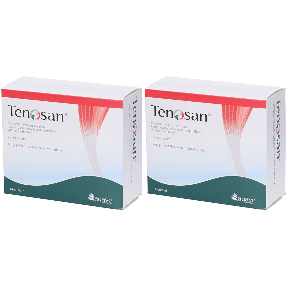 Due scatole bianche "Tenosan". Scritta in italiano. Striscia verde con logo in basso. Scatole affiancate.