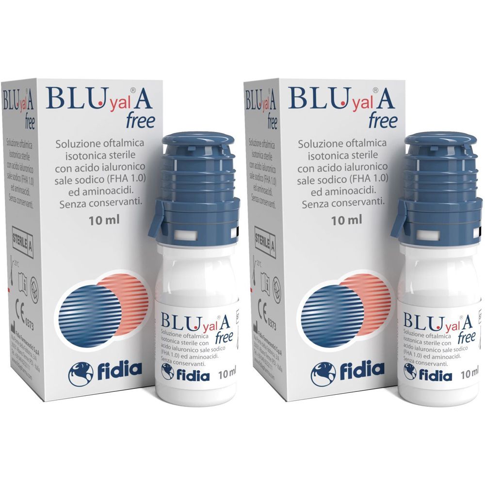Due flaconi di collirio e confezione. Tappi blu, flaconi bianchi. Scritta: BLUyal A free, 10 ml, fidia.