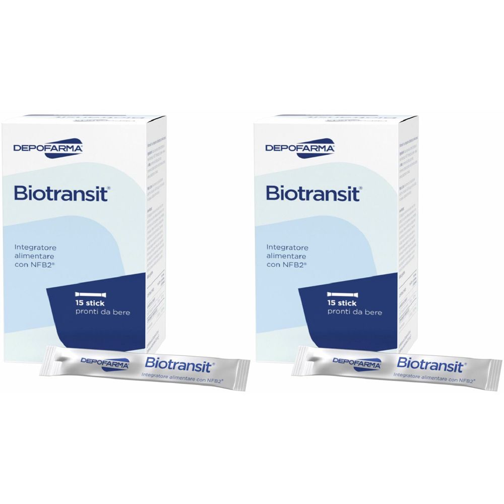 Due scatole bianche con logo "DEPOFARMA Biotransit" e testo. Sotto, una bustina con lo stesso logo. Scritta: "15 stick".