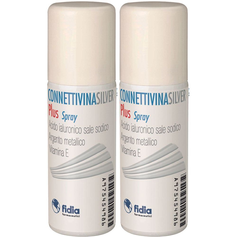 Due spray CONNETTIVINA SILVER Plus. Flaconi bianchi con testo e logo. Contiene acido ialuronico, argento e vitamina E.