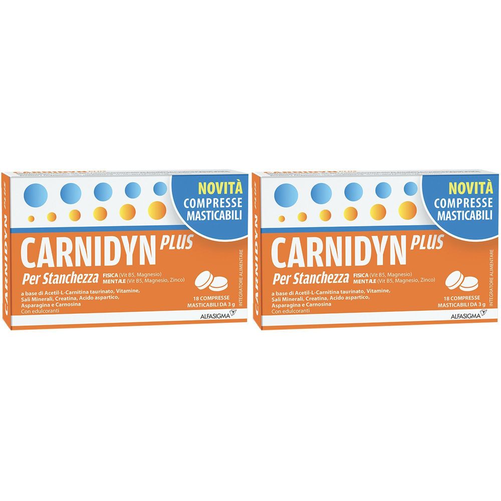 Due confezioni CARNIDYN PLUS. Confezione arancione con cerchi blu e gialli. Testo: Per Stanchezza, Compresse Masticabili. Marchio: ALIFASIGMA.