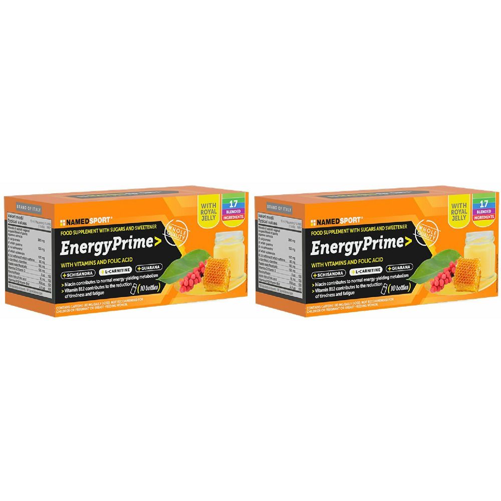 Due scatole arancioni di NAMEDSPORT EnergyPrime. Scritta: Integratore alimentare con zuccheri ed edulcoranti, vitamine e acido folico.