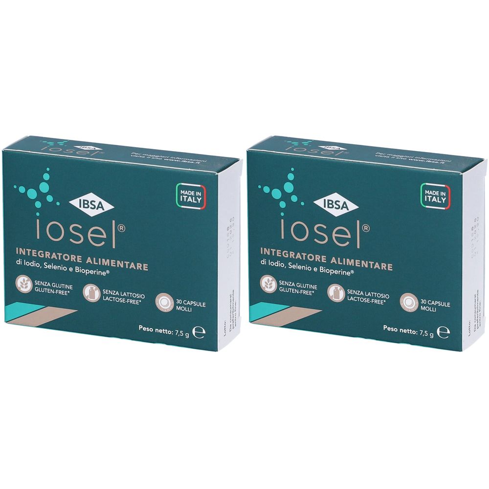 Due scatole di integratore alimentare. Scritta: IBSA Iosel, Integratore Alimentare. Senza glutine e lattosio. Prodotto in Italia.