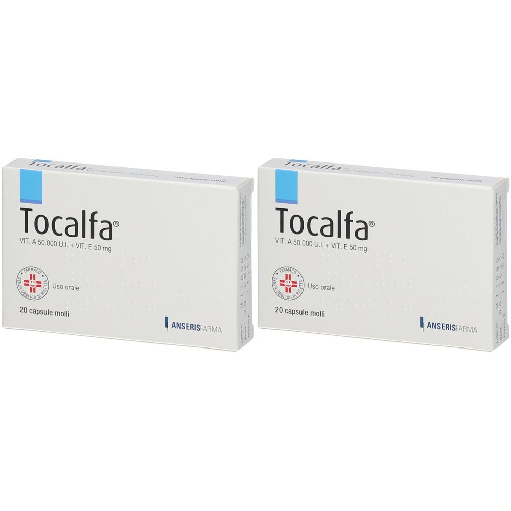 Due scatole bianche con la scritta "Tocalfa". Ogni scatola riporta "Vit. A 50.000 UI + Vit. E 50 mg" e "20 capsule molli".