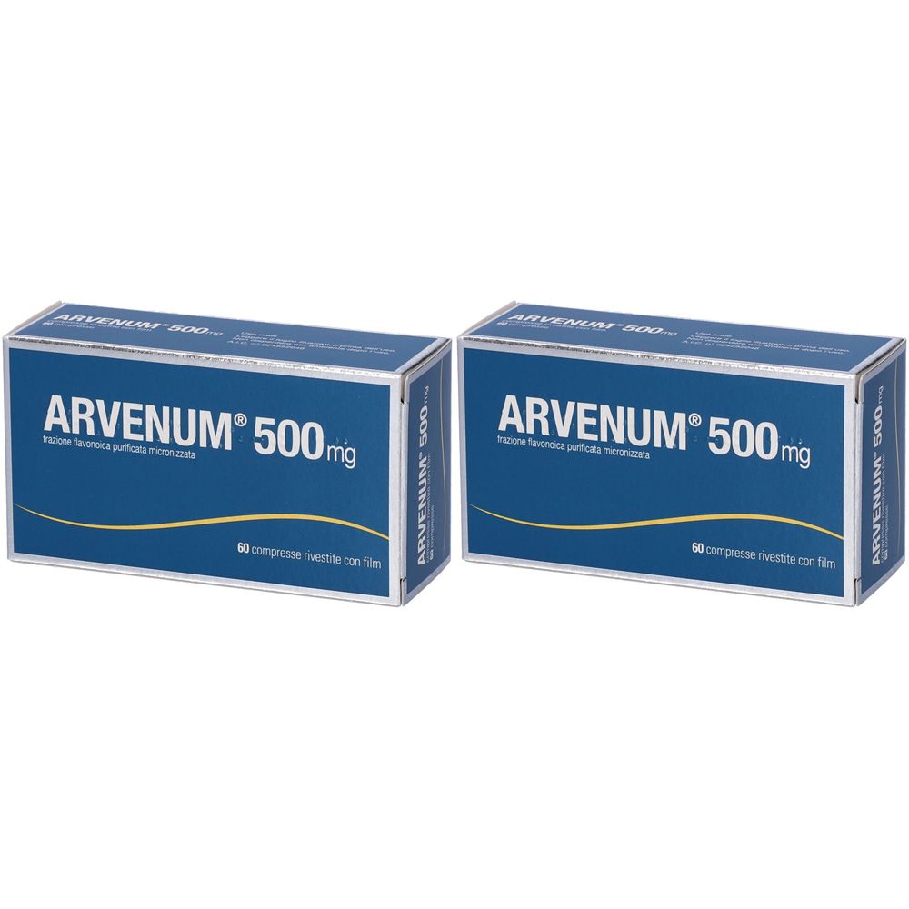 Due scatole di ARVENUM® 500 mg. Confezione blu con testo bianco. 60 compresse rivestite.