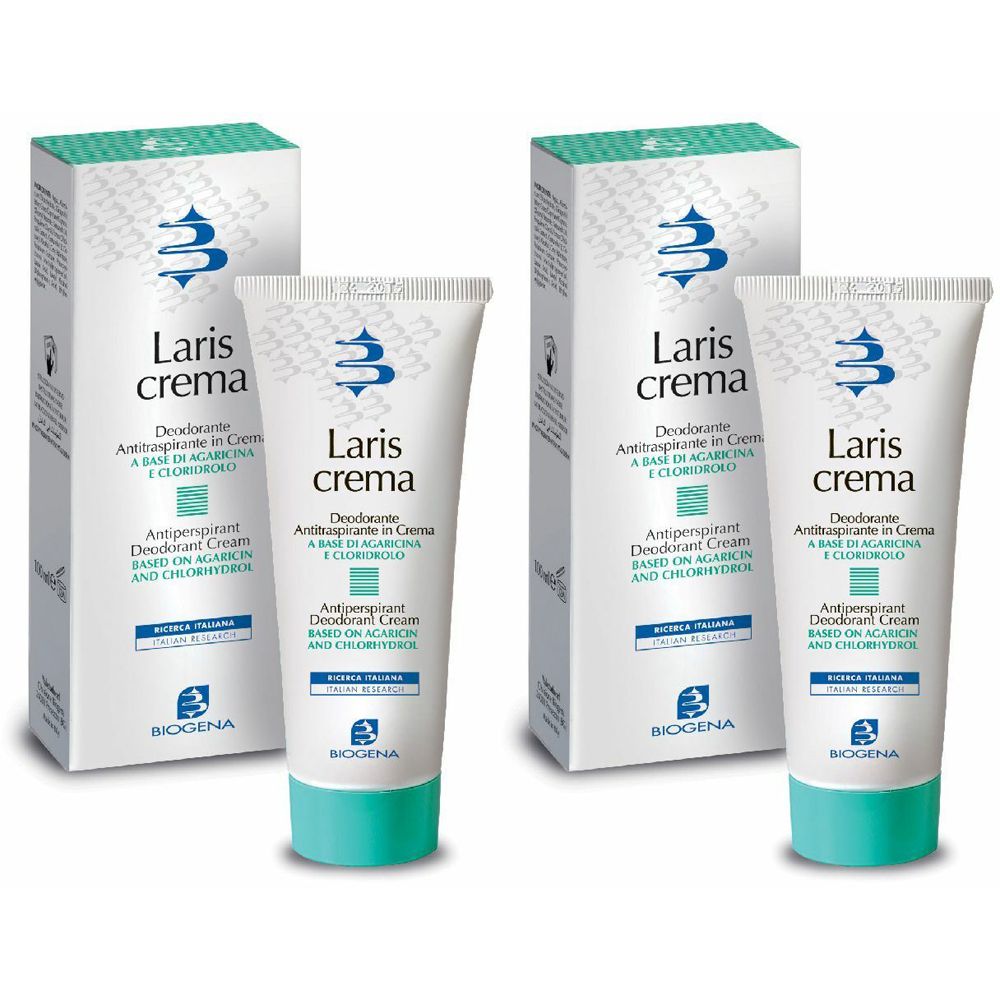 Due tubi e due scatole. Sui tubi c'è scritto "Laris crema". Sulle scatole c'è scritto "Deodorante Antitraspirante".